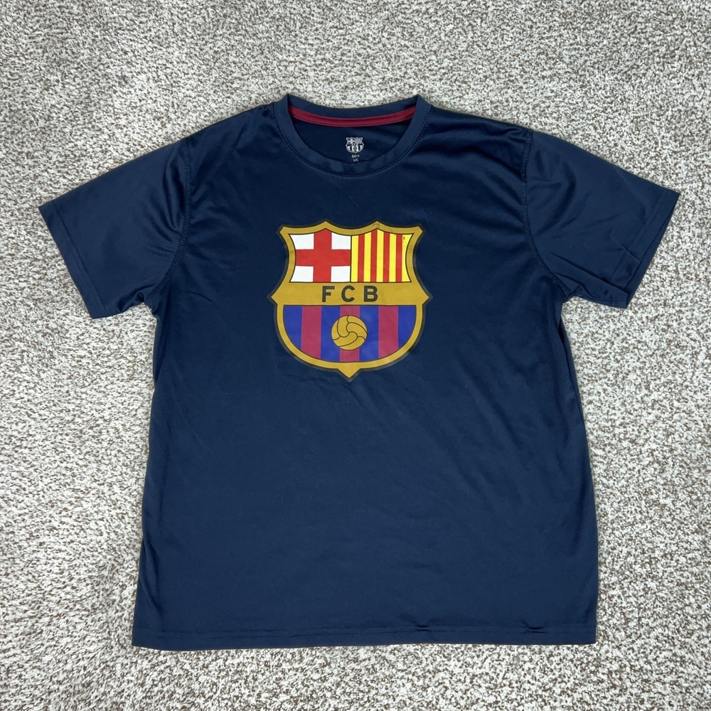 FC Barcelona Shirt Mens Large Navy Blue Soccer FCB Crest Soccer Sports Top Logo